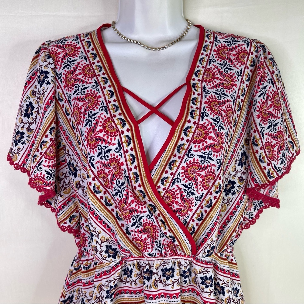 Monteau Los Angeles Boho Paisley Faux Wrap Peplum Top XL